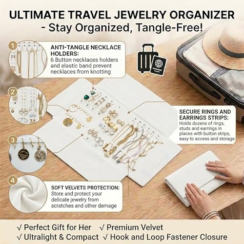 UnionPlus Velvet Travel Jewelry Case Roll Bag for Necklaces Brackets, Great Jewelry Organizer for Travel, Multi Jewelry Organizer, Beige - color: Beige Multi, size: Medium