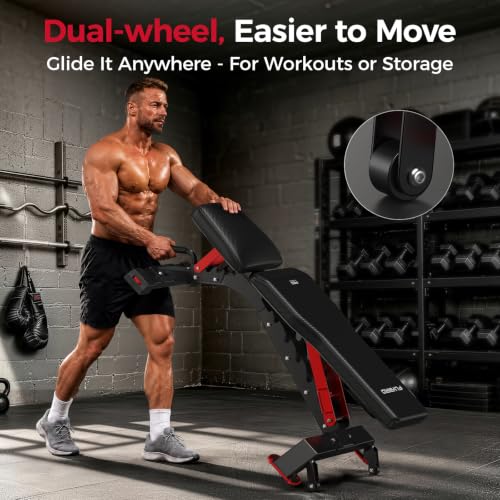 FLYBIRD WB7 Weight Bench, 1300LBS Commercial Adjustable Weight Bench, Workout Bench for Home Gym, Flat Incline Bench Press Heavy Duty Bench with 34'' Extra-Long Backrest and Easy-Roll Wheels - color: Black