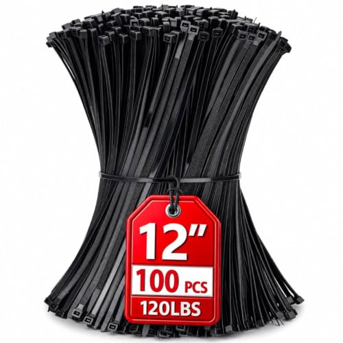 Zip Ties 12 inch, 100 Pack Heavy Duty Black Zip Ties with 120 lbs Tensile Strength, Self-Locking Nylon Cable Ties,Wire Ties for indoor and outdoor use. - color: Black, size: 12"(100 Pack) 120 Lb
