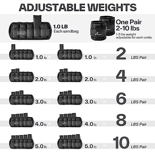 Sportneer Adjustable Ankle Weights Set - 1 Pair (2-10 lbs) Removable Sandbags for Women & Men, Comfortable Neoprene Leg Weights for Walking, Running, Pilates, Yoga, Home Workout & Physical Therapy - color: Black