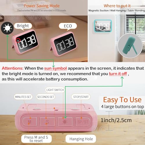 Digital Large Display Visual Timer Stopwatch for Kitchen Teacher School Classroom Cooking, Night Light Magnetic Bathroom Makeup Mirror LED Stop Clock Timer, 99 Minutes Countdown, Loud/Silent (Green) - color: Green