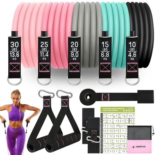 Aihoye Resistance Bands for Working Out, Exercise Bands with Handles, Stretch Bands for Exercise, Workout Bands with Door Anchors for Physical Therapy & Strength Training - color: 10-100LB Set (12Pcs) Makaron