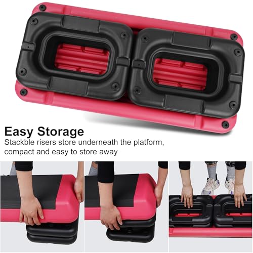 Gym Step Platform for Exercise at Home, Fitness Step for Home Workout, Adjustable Step Up Exercise Platform, Aerobic Stepper Step Platform with 4 Risers, Step Exercise Platform for Work Out - color: Black+Red