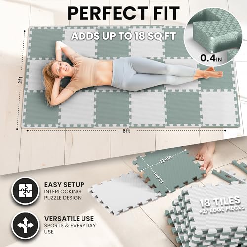 bemaxx Gym Mats Set - 18 pcs EVA Interlocking Foam Floor Tiles (12.6"x12.6"x0.4") 18sqft Protective Gym Flooring Sports Home Workout Exercise Mats Puzzle Garage Fitness Play-Room Pool Treadmill Bike - color: Sage Grey Duo, size: 18 Tiles | 18 sq ft