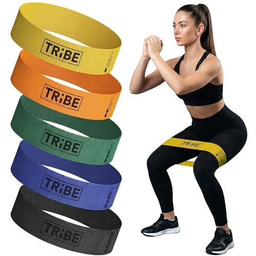Tribe Lifting Fabric Resistance Bands for Working Out - 5 Exercise Bands Set for Legs and Glutes - Booty Bands for Women and Men - Thick Cloth Workout Bands for Physical Therapy, Hip Training - color: Multicolor