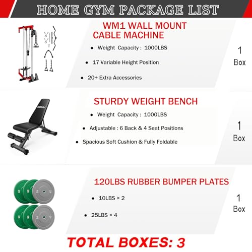 Wall Mount Cable Station, WM1 Cable Crossover Machine with 17 Positions, High and Low Cable Crossover Machine with Removable Footplate for Garage Home Gym - style: 120LBS Colorful with Bench Package RD