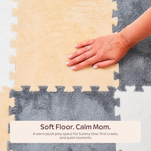 Puzzle Play Mat for Floor - 16 Snap-Together Interlocking Tiles (11.8 x 11.8 x 0.4 in Each, 47 x 47 in Total) for Kids Playroom & Home Floor Play, Edge Borders Included, White Tan Gray