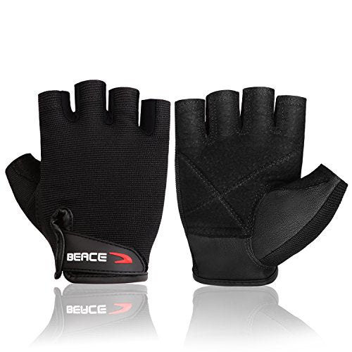 BEACE Weight Lifting Gym Gloves with Anti-Slip Leather Palm for Workout Exercise Training Fitness and Bodybuilding for Men & Women - color: Black, size: Medium