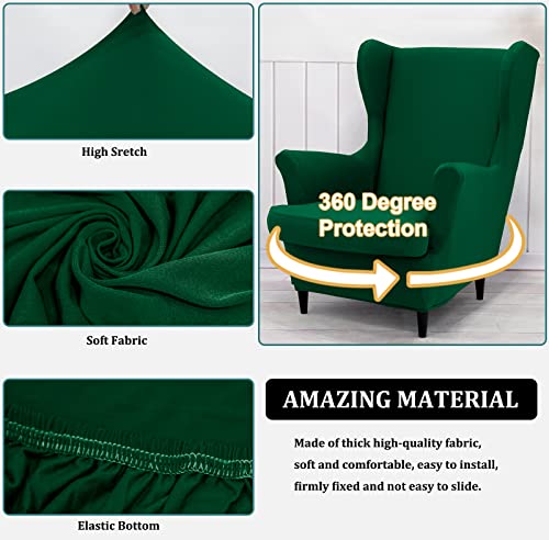 NILUOH Wingback Chair Cover 2-Piece Soft Stretch Wing Chair Slipcover Solid Color Armchair Sofa Couch Cover Furniture Protector with Elastic Bottom for Living Room Bedroom (Dark Green) - color: Dark Green