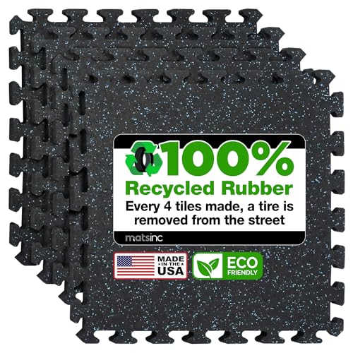 Matter Flex 100% Rubber Floor Mats - Recycled Rubber Gym Flooring for Home Gym, Interlocking Exercise Tiles, Made in The USA, Gym Tiles, Center (4 tiles/16 Sq. Ft.), Black with Blue Speck - color: Black With Blue Specks, size: Center (4 tiles/16 Sq. Ft.)