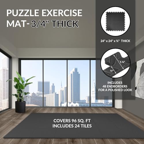Fitvids Puzzle Exercise Gym Flooring Mat, 3/4" Thick High-Density EVA Interlocking Tiles, Workout Mat for Home Gym, Fitness Equipment, MMA, Gymnastics, 24-Piece Shock-Absorbing Exercise Mat (96 Sq Ft) - color: Midnight, style: 3/4" Thick, 24 Tiles (96 Sq