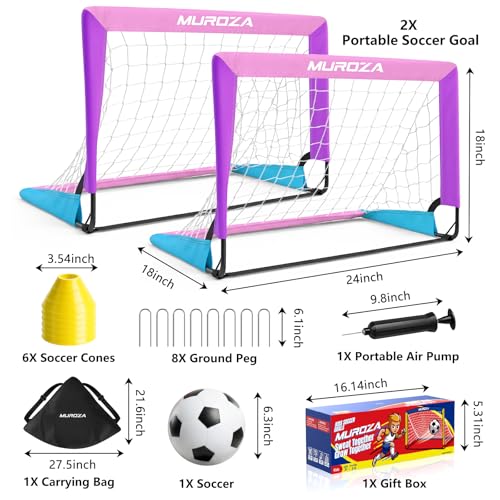 Kids Soccer Goal, Soccer Goals for Backyard Set | 2 Pack 2x1.5ft Portable Pop Up Soccer Nets with Ball and Cones, Soccer Training Set for Toddlers, Indoor & Outdoor Games - color: Pink, Purple, Blue