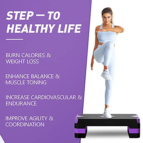 GYMMAGE Aerobic Exercise Step, Adjustable Height, | Aerobic Workout Step Platform for Exercise, 26.5" Step Deck with Adjustable Height, Women Home Gym Cardio Fitness - color: Purple