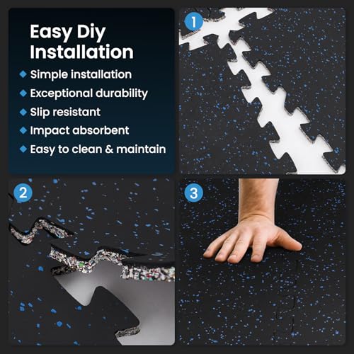 Upgraded 100% Rubber Flooring 0.6in Extra Thick - Interlocking Puzzle Floor Tiles for Home Gym Heavy Workout Equipment - Rubber Floor Tiles Non-Slip - Noise Reduction & Shock Bsorption - 6Pcs