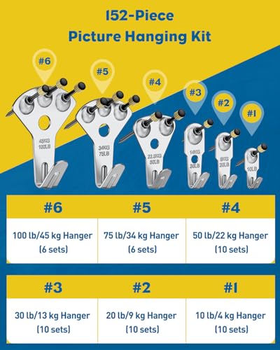 Uniclife 152 Pcs Heavy Duty Picture Hanging Kit,Picture Hanging Hook,Silver | Picture hangers,10-100 lb weight ratings, for drywall & wood, frame hooks for hanging photos mirrors paintings - size: 152 PCS, style: Silver