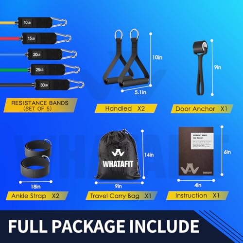 WHATAFIT Resistance Bands, Exercise Bands with Handles, Workout Bands for Working Out, Fitness Bands Set for Home Gym Full Body Strength Training, Muscle Tone, Yoga & Stretching - color: 10-100LB-Colorful