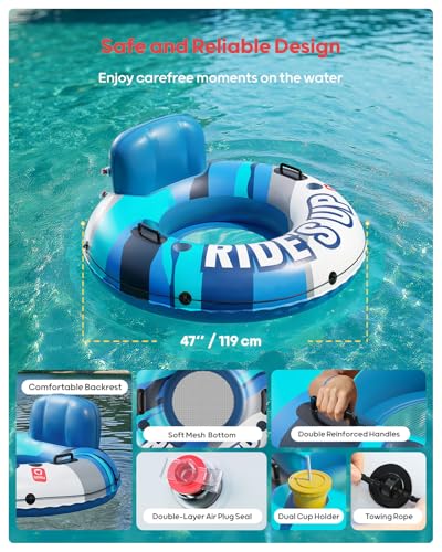 QPAU Inflatable River Tube, 0.4 mm Thickened Puncture-Resistant Heavy Duty River Float, River Raft with Ergonomic Backrest, Mesh Bottom & 2 Cup Holders for Adults and Friends Lake Float - color: B-Sky Blue 01