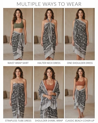 Beach Cover Ups for Women, Cotton Sarong Wrap Pareo | 100% Cotton Sarong Wraps For Women, 73 x 44 In. Pareo Beach Wrap, Bikini Cover Up, Bathing Suit Cover Up, Resort Wear - color: Black Flower Print