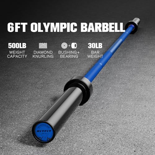 RITFIT Olympic Barbell 4ft/6ft - 2 Inch Weight Bar for Strength Training, Weightlifting, Squat, Deadlift, Bench Press, Curl, Overhead Press - 350lbs/500lbs Capacity - color: Black/Blue, size: 6FT without Collar