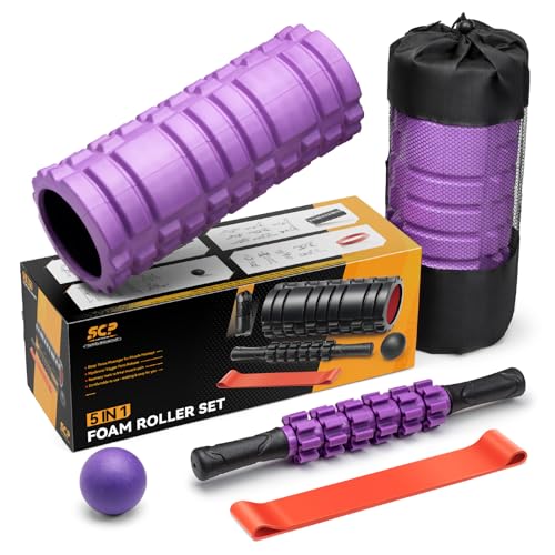 5 in 1 Foam Roller Set for Deep Tissue Muscle Massage, High Density Trigger Point Fitness Patented Exercise Foam Roller, Massage Roller, Massage Ball, Resistance Band, for Whole Body(Purple) - color: Purple