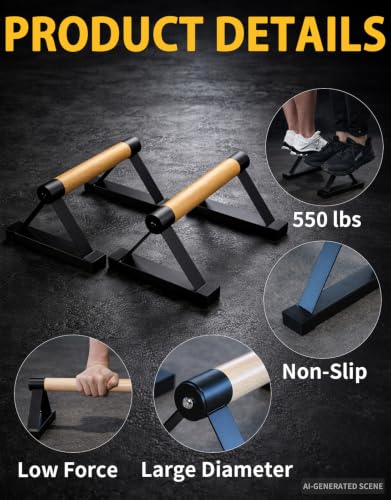 Wood Push Up Bar Set, 2PCS Non-Slip Handstand Bars, Parallettes Bars for Calisthenics and Push-Up Workouts, Solid Wood Grip with Metal Frame, Supports 550 LBS
