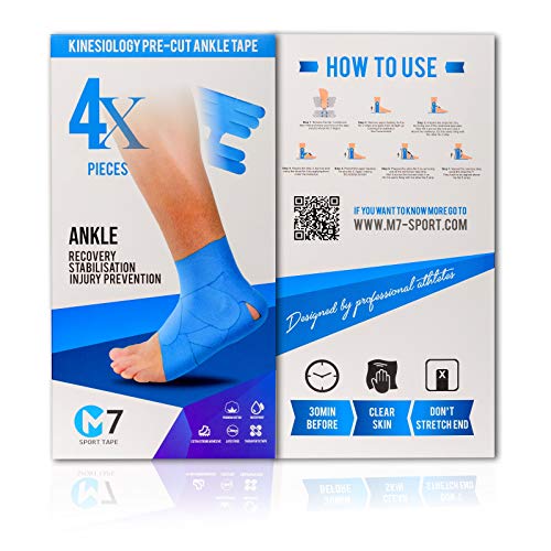 M7 Sport Kinesiology Ankle Tape for Ankle Sprain and Injury Recovery, Pain Relief Therapeutic Tape, Ankle Brace Compression Support, Plantar Fasciitis, Waterproof, Eases Swelling (Blue, 4-Pack) - color: Blue