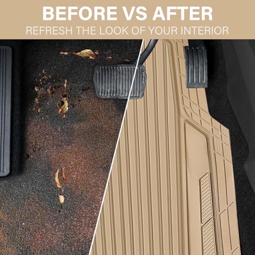 CAR PASS Heavy Duty Sporty Rubber Car Mats, Deep Dish All Weather Car Floor Mats Full Set, Waterproof Anti-Slip Automotive Matts Rugs Trim to Fit for Most Sedans SUVs, 4-Piece All Beige - color: beige
