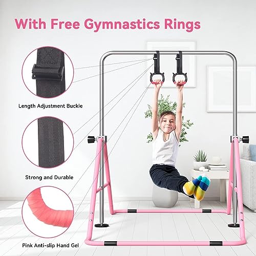 FBSPORT Gymnastics Bar for Kids Adjustable Height Gymnastic Horizontal Bar | Adjustable height, Supports up to 140 lbs, Junior Training Bar Children Folding Training Monkey Bars for Home Using - color: Pink+Mat