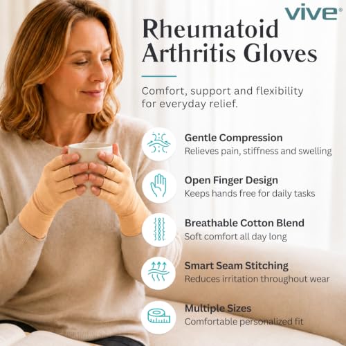 Vive Arthritis Gloves - Men, Women Rheumatoid Compression Hand Glove | Osteoarthritis- Arthritic Joint Pain Relief - Carpal Tunnel Wrist Support - Open Finger, Fingerless Thumb for Computer Typing - color: Beige, size: Large