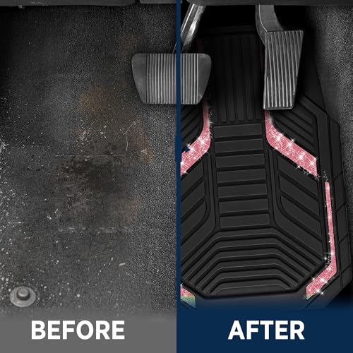 PIC AUTO Car Floor Mats, Hot Pink Sparkly Crystal Bling Glitter Car Mats Set, Front and Rear Heavy Duty Rubber Car Mats with Anti-Slip Backing, All Weather, Trim-to-Fit for SUVs, Trucks, Sedan, Vans - color: Hot Pink Glitter