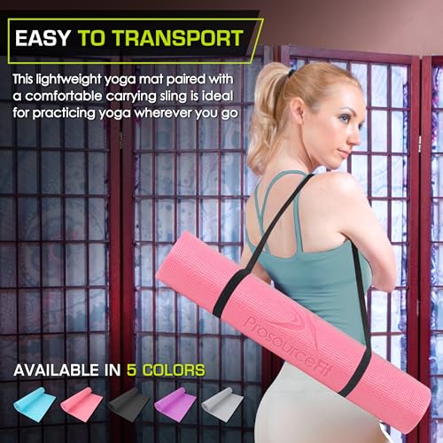 ProsourceFit Original Yoga Exercise Mat 1/4” (6mm) Thick for Comfort and Stability with Carrying Straps, Non Slip –Multiple Colors - color: Pink