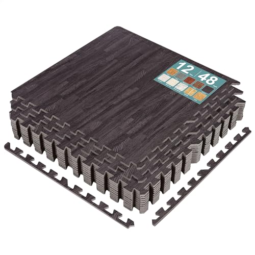 Sorbus Wood Grain Floor Tiles Foam Mat EVA Interlocking Mats Tile 3/8-Inch Thick Flooring Wood Puzzle Exercise Mats w/Borders - Home Playroom Basement, Apartment, Trade Show, Baby, Dance - color: Carbon, size: 12 Pack
