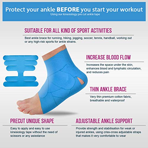 M7 Sport Kinesiology Ankle Tape for Ankle Sprain and Injury Recovery, Pain Relief Therapeutic Tape, Ankle Brace Compression Support, Plantar Fasciitis, Waterproof, Eases Swelling (Blue, 4-Pack) - color: Blue