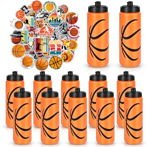 Basketball Party Favors, 12 Pack Water Bottles, 300 Stickers | 12 Basketball-Pattern Bottles, 300 Themed Stickers, BPA-Free 20 oz Design, Leak-Proof Lids, Ideal for Teams and Parties - style: 2# 12 Pack-Basketball