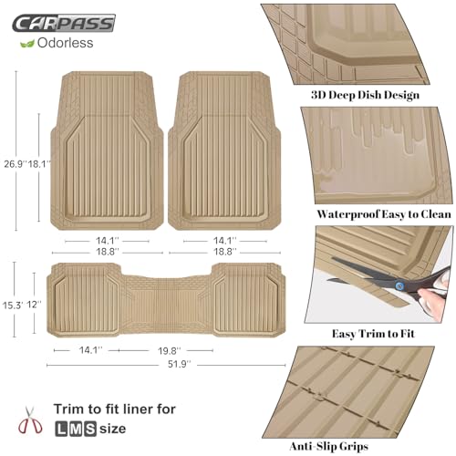CAR PASS Heavy Duty Rubber Floor Mats for Car, Waterproof Liner Deep Dish Car Mats Full Sets, Universal Trim to Fit for SUV Truck Sedans Vans, All Weather Automotive Floor Mats 3pcs, Solid Beige - color: All Beige