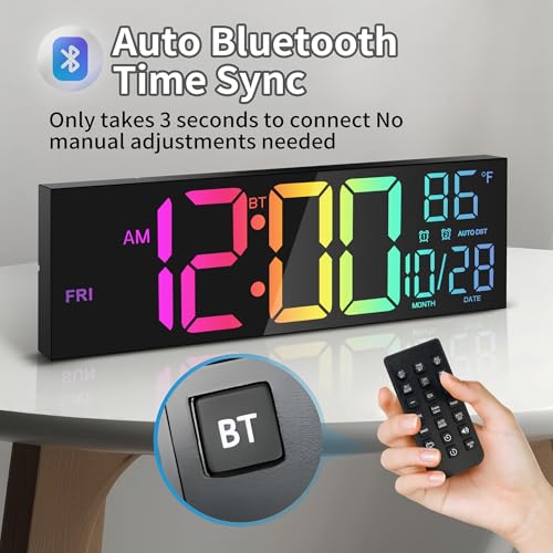 16.5" Digital Wall Clock with Bluetooth Auto-Sync, Large LED Display, Smart Auto Dimming, DST, Remote Control, Night Light, Date & Temperature for Living Room, Black - color: Black-multicolor