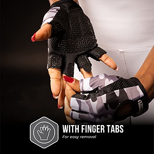 Contraband Pink Label 5217 Women's Design Series Camo Print Lifting and Rowing Gloves (Pair) - Lightweight Vegan Medium Padded Microfiber Amara Leather w/Griplock Silicone - color: Gray, size: Small