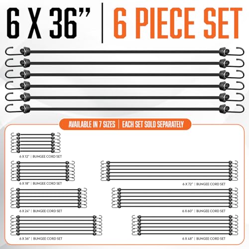 6 Piece Strong Bungee Cords with Hooks 36 Inch - Heavy Duty Outdoor Black Bungy Straps with Metal Hooks - 3ftt Bungie Chords Set UV & Weather Resistant - size: 6x36" - 6 Piece 3 ft