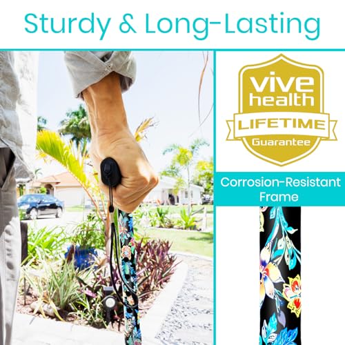 Vive Folding Cane - Foldable Walking Cane for Men, Women - Fold-up, Collapsible, Lightweight, Adjustable, Portable Hand Walking Stick - Balancing Mobility Aid - Sleek, Comfortable (Neon Flower) - color: Neon Flower