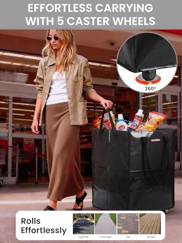 WORKPRO Large Rolling Grocery Bag, 36-Gallon Rolling Tote with 5 Wheels | Reusable Grocery Bag on Wheels, Holds Up to 110 lbs, Heavy Duty Rolling Tote for Groceries, Laundry, Moving & Storage - color: Black, size: Large