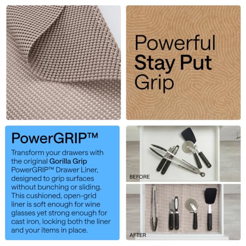 GORILLA GRIP powerGRIP Drawer Shelf and Cabinet Liner, Thick Strong Hold, Non-Adhesive Liners Protect Kitchen Cabinets and Cupboard, Bathroom Drawers, Easy Install, Breathable Mat, 12" x10', Beige - color: Beige, size: 12" X 10', style: 12" x 10'