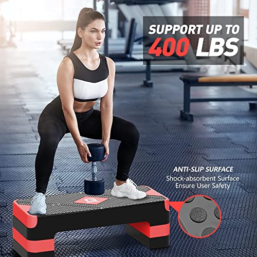 GYMMAGE Aerobic Exercise Step, Adjustable Height, | Aerobic Workout Step Platform for Exercise, 26.5" Step Deck with Adjustable Height, Women Home Gym Cardio Fitness - color: Red