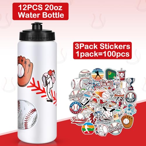 Baseball Party Favors, 12 Pack Baseball Water Bottles with 300 PCS Stickers, 20 oz Sports Squeeze Bottle, BPA-Free Reusable Water Bottles Bulk for Boys, Gifts For Team - style: 1# 12 Pack-Baseball