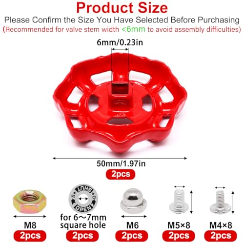 2 Pack Outdoor Faucet Handle, 6mm x 6mm (15/64" x 15/64") Square Stem Hole Faucet Handle Replacement, Cast Iron Round Wheel Water Spigot Handles Replacement with Screws Spacer (Red) - color: Red, size: 6mm x 6mm (2pcs)