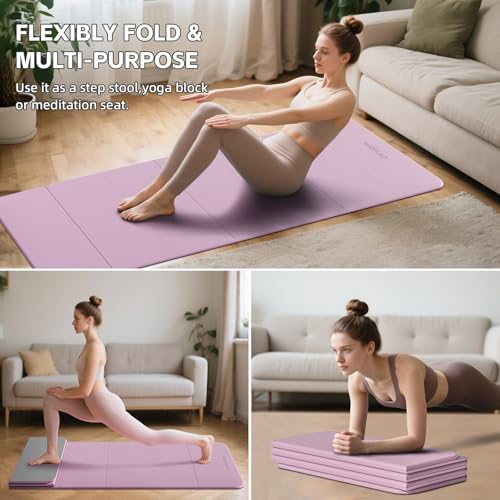7-Fold Yoga Mat 70"x24" - 1/2 Inch Thick | Folding Exercise Mat, Compact Non-Slip TPE Mat, For Travel, Storage, Yoga & Home Gym, Lightweight & Portable - color: Taro Purple + Warm Gray