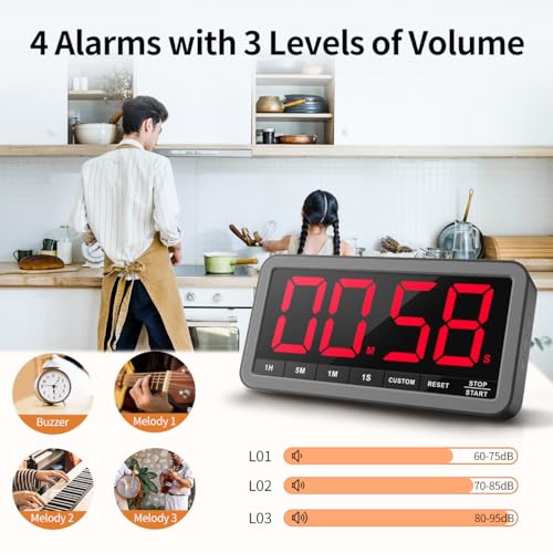VOCOO Digital Kitchen Timer with 7.8” Extra Large Display, Magnetic LED with 3 Brightness, 4 Alarms and 3 Volume Levels, Battery Powered Countdown Count Up Timer for Cooking, Classroom, Home Gym - color: Space Grey