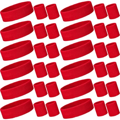 Bememo 36 Pcs Neon Sweatbands Set Soccer Party Favors Cotton Headbands Wristband Sweat Bands Soccer Mom Essentials for Football Fans Sporting Events 80 90s Glow Party - color: Red, size: Small