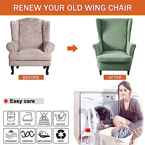 NILUOH Wingback Chair Slipcover 2-Piece Stretch Wingback Chair Sofa Slipcover Leaf Jacquard Chair Cover Furniture Protector Couch Soft with Elastic Bottom for Living Room, Leaf Green - color: Leaf Green