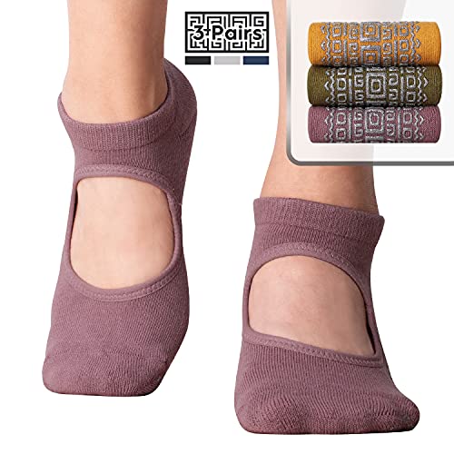 unenow Non Slip Grip Yoga Socks for Women with Cushion for Pilates, Barre, Home - color: 3 Pairs-yellow/Light Purple/Green