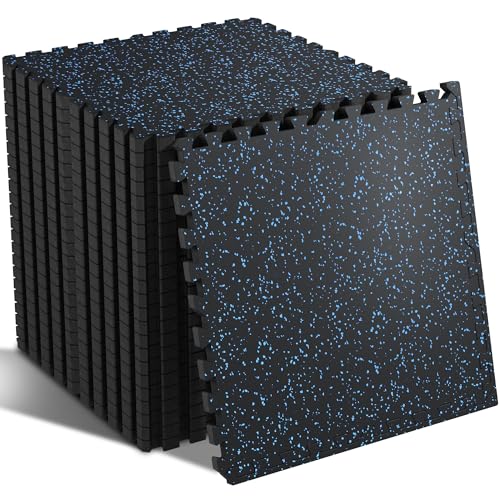 SUPERJARE 0.79'' Extra-Thick Exercise Equipment Mats, 24 Pcs 96 Sq Ft Rubber Top Floor Tiles with High Density EVA Foam, Interlocking Gym Flooring for Home Gym, Workout Mat, Black/Blue - size: 24 Tiles (96 Sq Ft)